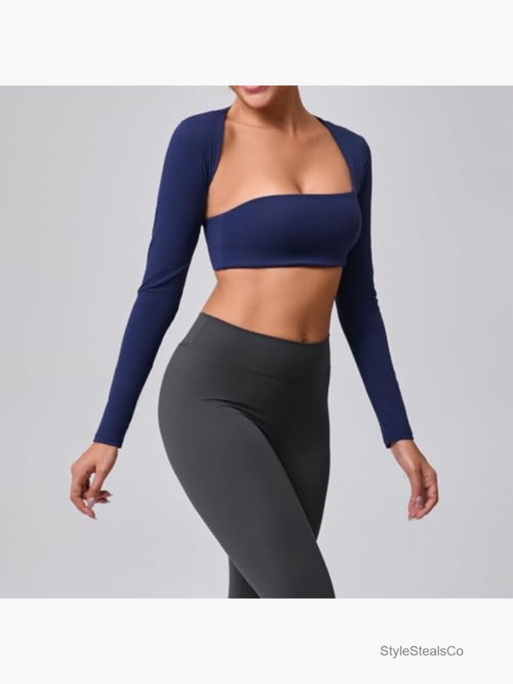 Square Neck Long Sleeve Crop Top with Built in Bra Cutout Back - Picture 4 of 7